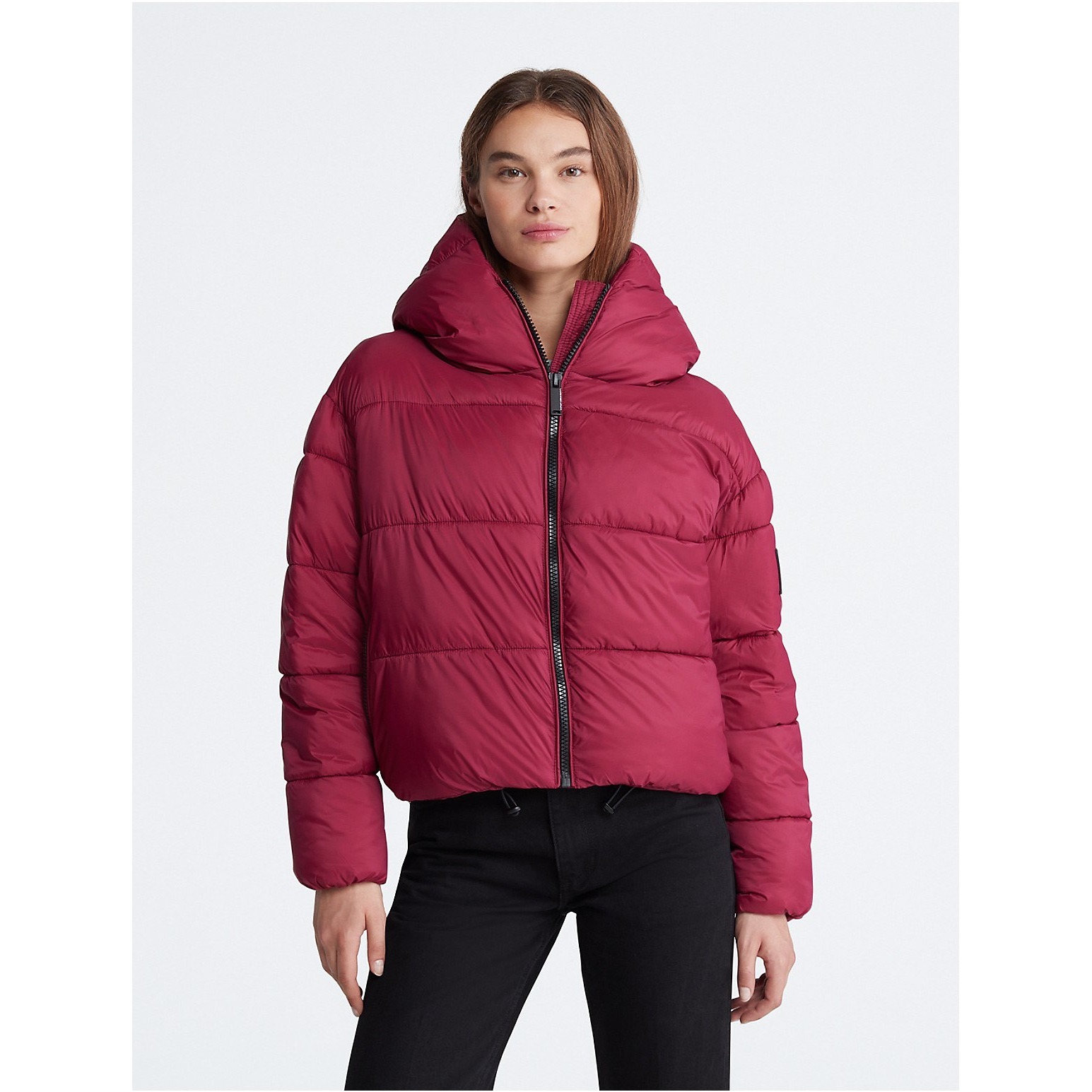 Calvin Klein Jeans Women's Cropped Hooded Puffer Jacket - Chianti Size Xl